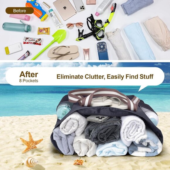 Women's Black Vacation Waterproof Sandproof With Zipper Mesh Pockets Beach Bag - Picture 5 of 8